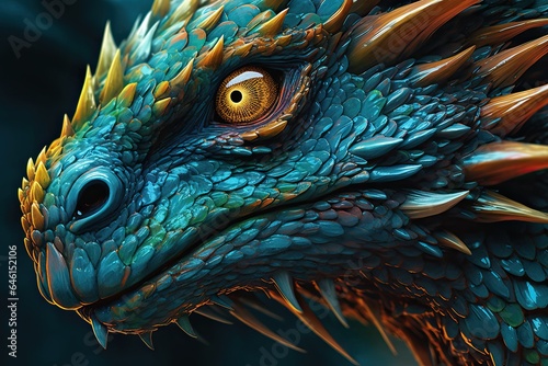Emerald blue orange dragon head with spikes