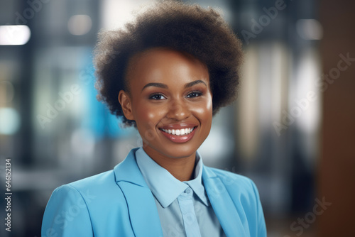 Woman wearing blue suit smiles at camera. This professional and friendly image can be used for business presentations, corporate websites, or promotional materials.