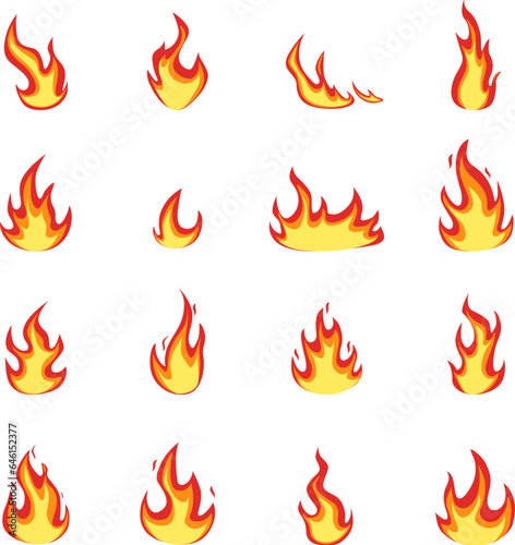 Cartoon wildfire flames icons. Fire blaze isolated elements, flame logo collection. Hell or hot symbols, nature hot cataclysm nowaday vector clipart