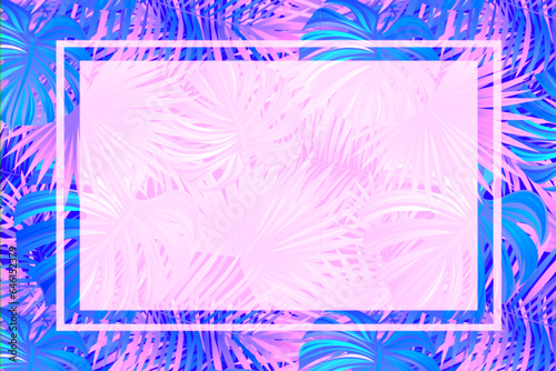 beautiful tropic vector frame. exotic tropical plants and leaves card with place for text. caribbean background. Bright pink and purple colors. for spring, summer images and romantic designs.