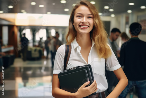 Woman is seen holding briefcase and smiling in lobby. This image can be used to depict professionalism, confidence, and success in corporate or business setting.