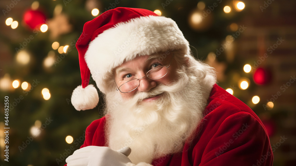 Santa Claus smiling looking kind. Black background. Holiday banner template with copy space Santa Claus smiling looking kind. Black background. Holiday banner template with copy space