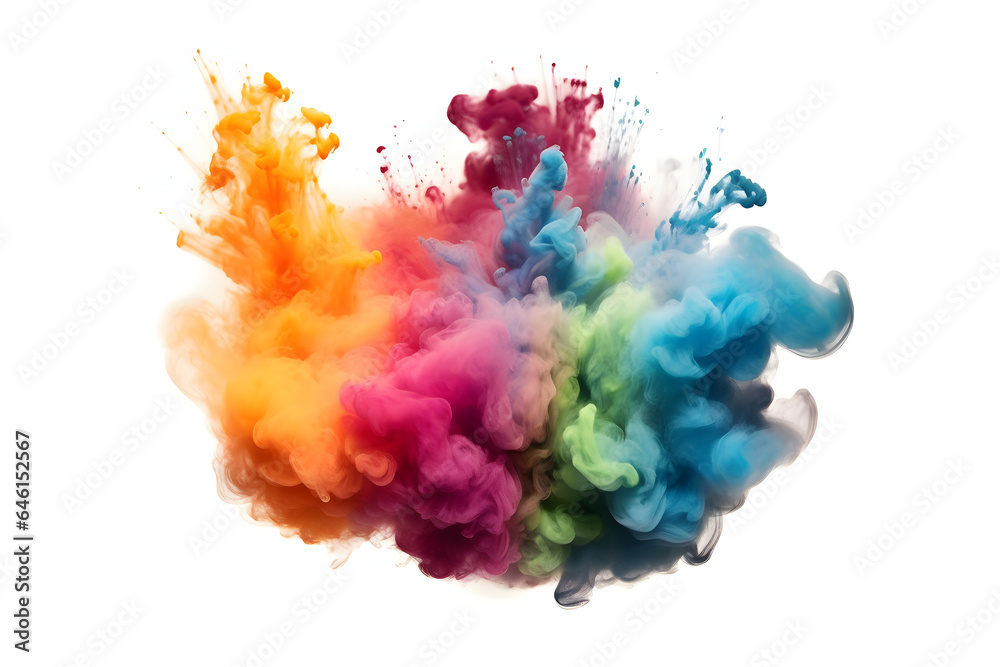 Against a pristine white backdrop, a burst of vibrant aqua and colorful smoke creates a mesmerizing display of vivid hues and ethereal patterns, generative by ai