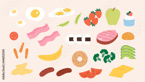 Different food. Vegetables, fruits and berry. Dairy products, eggs and sausage. Breakfast and lunch ingredients, vector flat collection