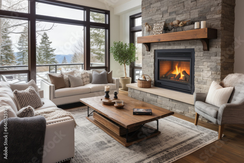 A cozy living room with a fireplace and a coffee table © Enigma