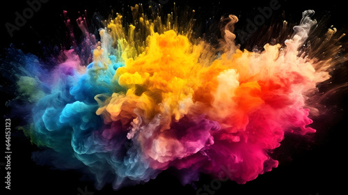Set against a pitch-black canvas, a burst of vibrant aqua and colorful smoke unfurls, creating a mesmerizing dance of vivid colors and intricate patterns that captivate the senses, generative ai