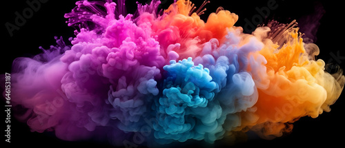 Set against a pitch-black canvas, a burst of vibrant aqua and colorful smoke unfurls, creating a mesmerizing dance of vivid colors and intricate patterns that captivate the senses, generative ai