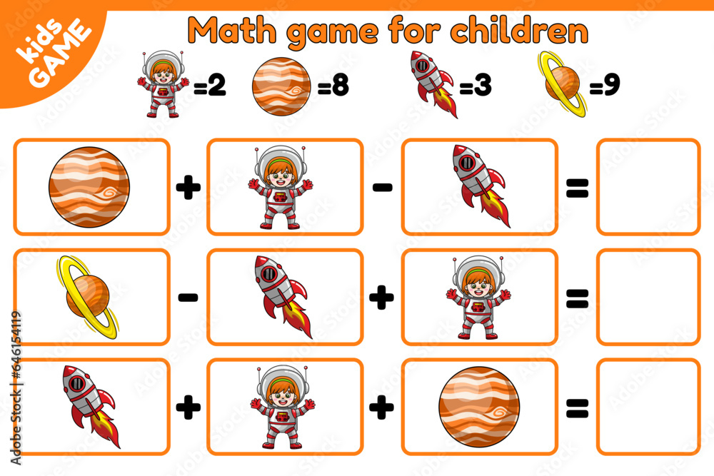 Kids game. Math education for children. Addition and subtraction. Worksheet for preschool and school education. Count and write the result. Cartoon space rockets, girl astronauts and planets. Vector.