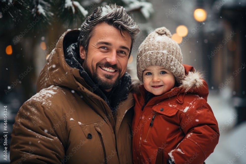 Father lifting little son up while having fun together outdoor on frosty day