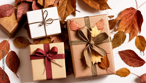 Beautiful autumn leaves and presents