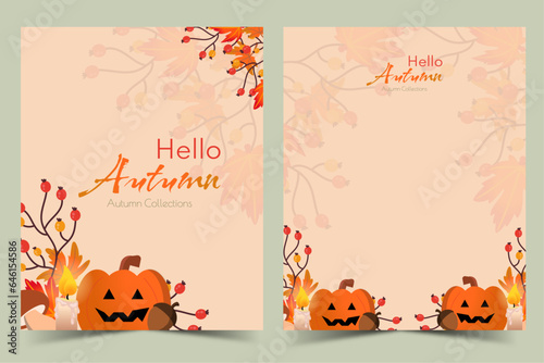 Hello autumn cards with leaves and pumpkins