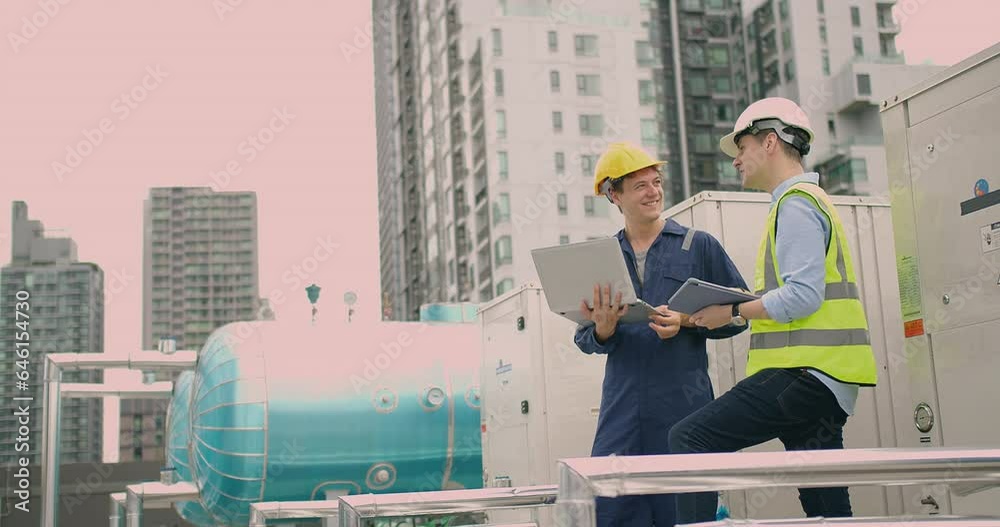 civil engineer Construction manager and manual worker inspector foreman in safety helmet holding laptop meeting conversation about project work at rooftop of building construction site