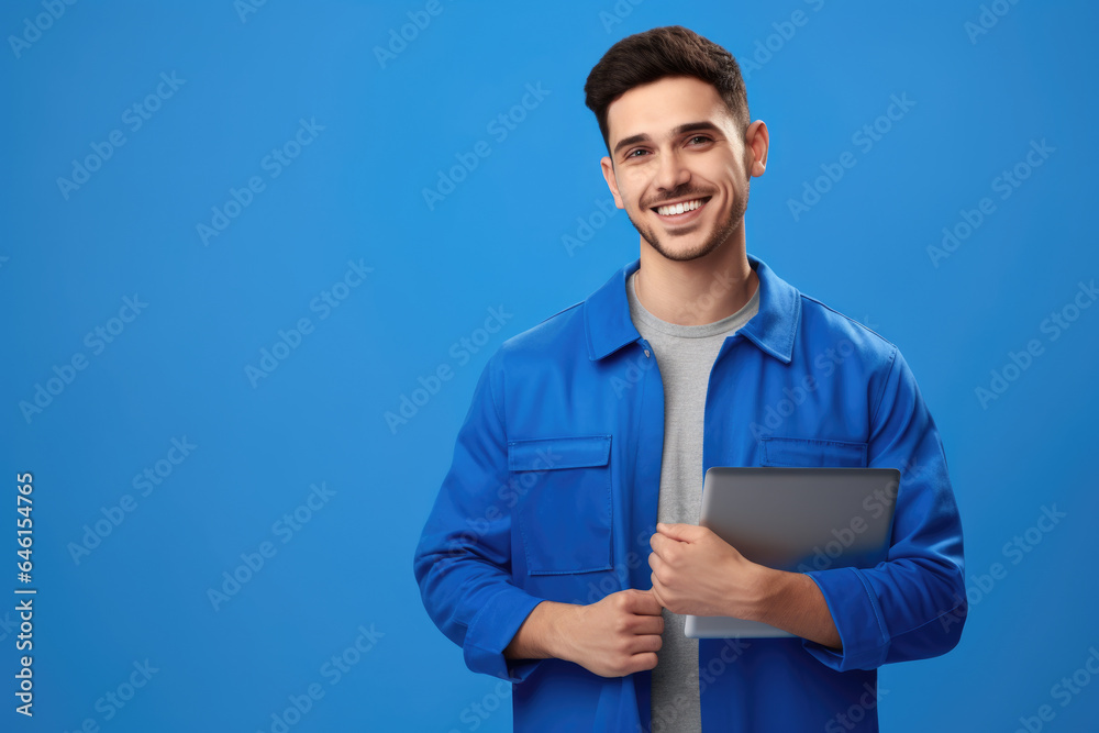 Man wearing blue jacket holding tablet. This image can be used to illustrate technology, communication, or business concepts. Man wearing blue jacket holding tablet. This image can be used to illustrate technology, communication, or business concepts.
