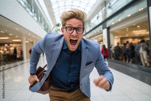 Man running in panic in an airport shopping mall photo