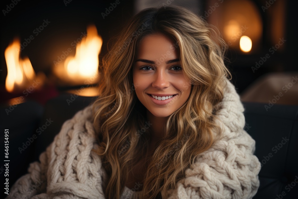 A happy woman in winter sits by the fireplace, heating the house A happy woman in winter sits by the fireplace, heating the house