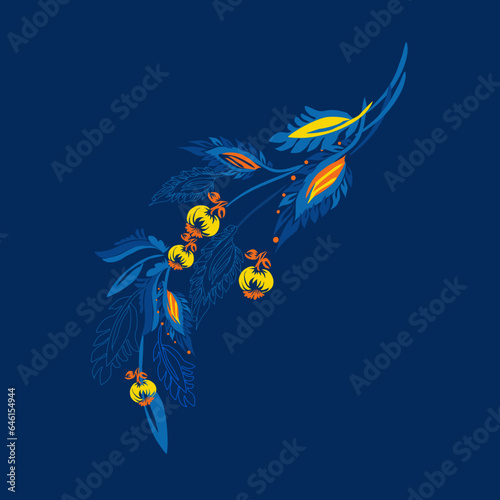 Traditional Ukrainian painting of Petrykivka. Elements of blue and yellow floral ornament. Decorative composition.