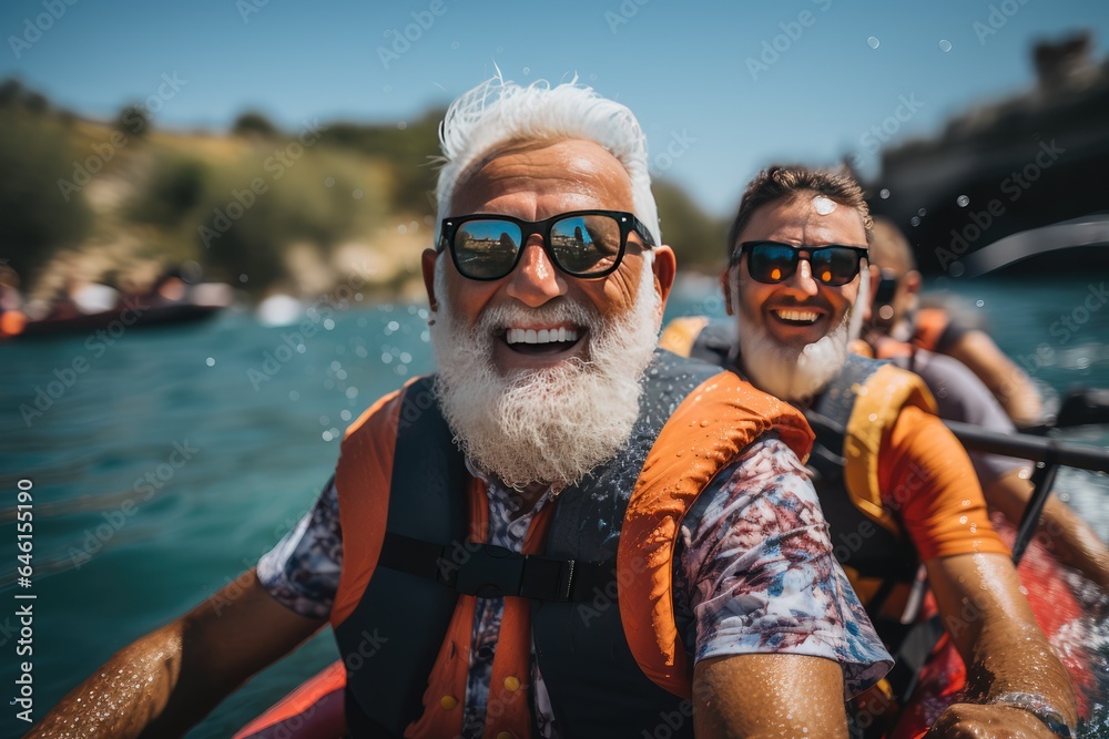 Elderly man with friends and family kayaking on the river Elderly man with friends and family kayaking on the river