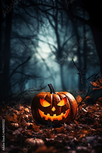 One pumpkin with a carved muzzle and glowing eyes lies on the foliage in a dark ominous forest at night in the moonlight  close-up side view.