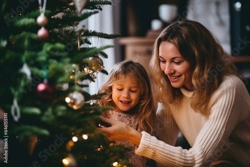 Mom and daughter decorate the Christmas tree indoors