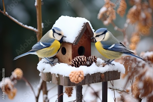 Fotografia The great tits in the snowy forest at the feeder