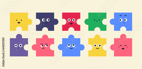 Puzzles faces. Funny bright puzzle pieces characters cute smile or angry face emotion, jigsaw emoji join friends creative abstract shape cartoon mascot concept vector illustration