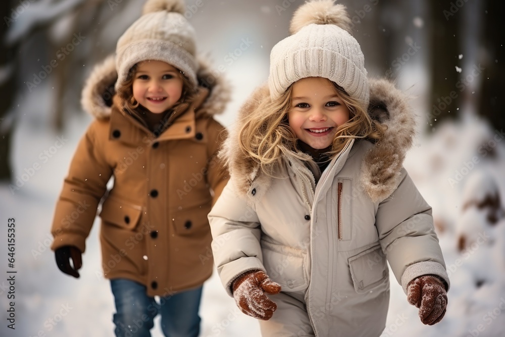 Two little kids have fun in the beautiful winter nature with snow-covered trees Two little kids have fun in the beautiful winter nature with snow-covered trees