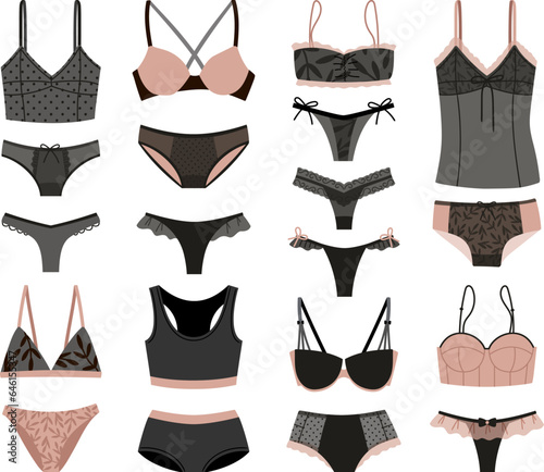 Collection of elegant female underwear. Trendy lingerie set, bra, pantie, bikini. Collection of undergarments vector illustration