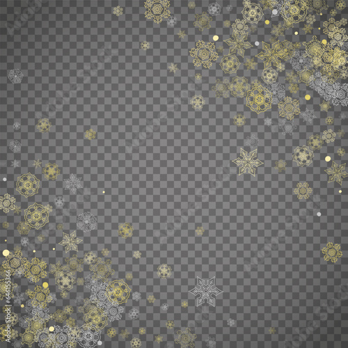 Isolated snowflakes on transparent grey background. Gold glitter snow. Winter sales, Christmas and New Year design for party invitation, banner, sale. Winter window. Magic crystal isolated snowflakes.