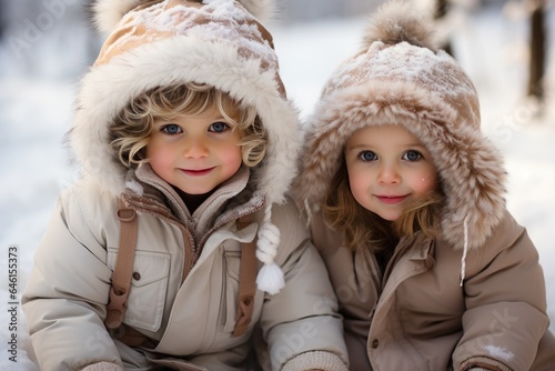 Two little kids have fun in the beautiful winter nature with snow-covered trees