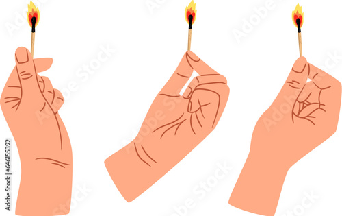 Hand holding a burning matchstick. Expressive gesture with match in fire, flame