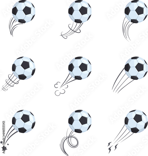 Soccer hit. Moving football balls to goal logo badges, flying ball speed flight swish shot effect, footballs power kick motions speedsoccer game matches cartoon vector illustration