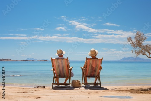 Old couple on vacation and holiday on a beach. Old and senior people traveling concept