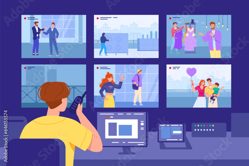 Video surveillance room. Professional security cctv monitoring, guard service worker with phone watching camera monitor, city video control center system office vector illustration