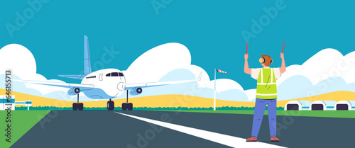 Marshaller on runway. Aviation marshallers supervisors signaling near airplane for safety landing airport ground, flight controller job aircraft signal, classy vector illustration