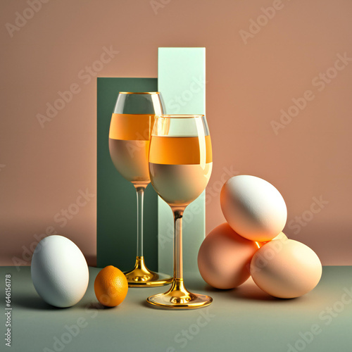  Easter real unique still life composition. Eggs with champagne glass. 