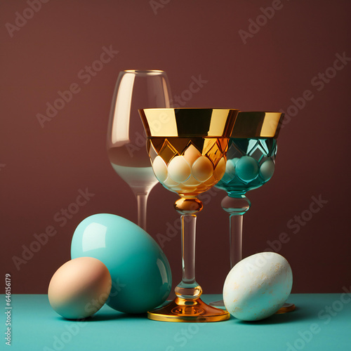 Easter real unique still life composition. Eggs with champagne glass. 
