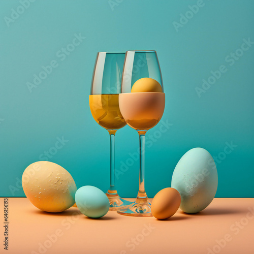  Easter real unique still life composition. Eggs with champagne glass. 