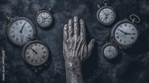 A series of overlapping clocks in various stages of disrepair, with distorted or missing hands. 