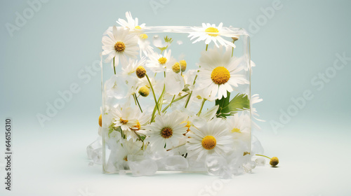 A square ice cube with flowers in it.