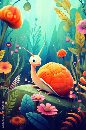 jungle scene with a playful snail