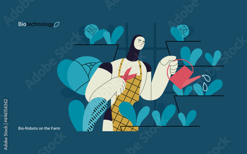 Bio Technology, Robot on farm -modern flat vector concept illustration of bio-robot engaged in agricultural activities. Metaphor of robotics and biotechnology integration, efficiency, sustainability