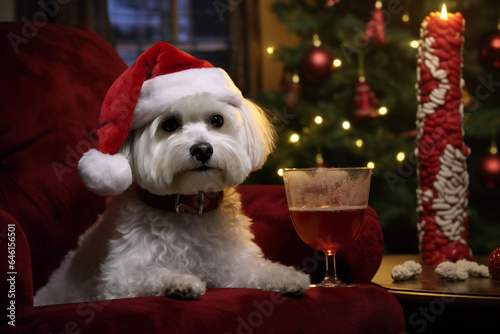 A bichon dog dressed in a Christmas outfit sits on an armchair and watches a New Year's show on TV