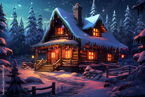 A cabin in the woods, New Year's lights and the Christmas atmosphere.