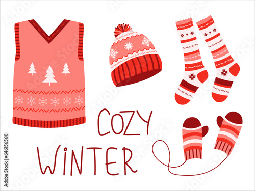 Set of winter warm clothes with handwritten text. Vector illustration for stickers, design, decoration