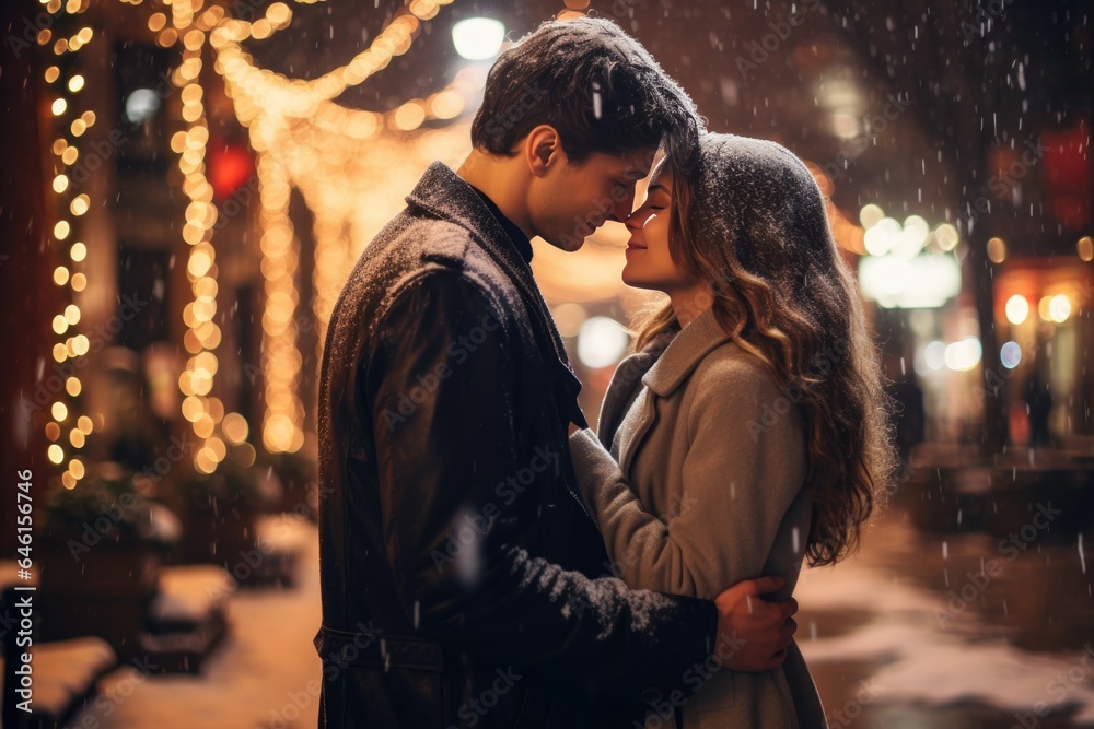 Young couple kissing under bright Christmas lights on New Year's Eve