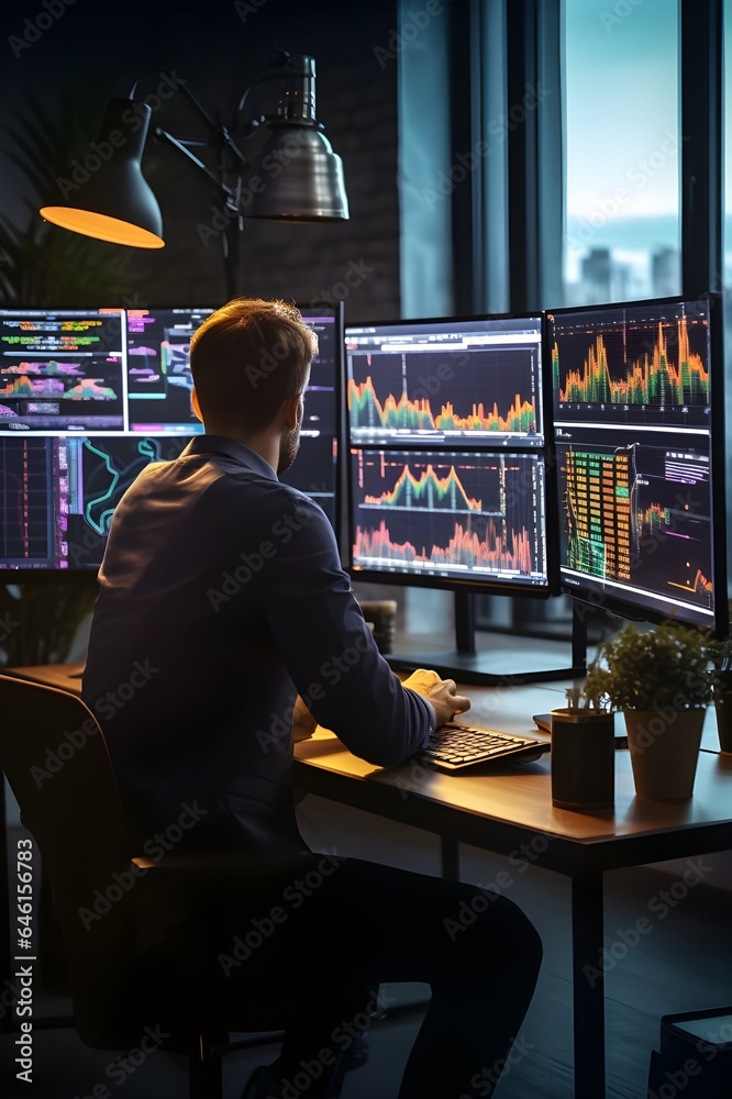 Professional trader investor set on desk and look at big trading charts Generative AI