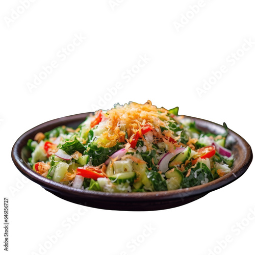 Urap is a vegetable dish seasoned with coconut onions kencur lime leaves sugar and salt served on a sunken plate transparent background