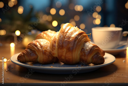 3d realistic croissant with coffe. New Year's lights and the Christmas atmosphere.