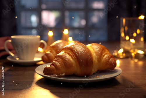 3d realistic croissant with coffe. New Year's lights and the Christmas atmosphere.