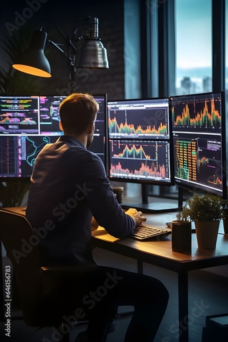 Professional trader investor set on desk and look at big trading charts Generative AI